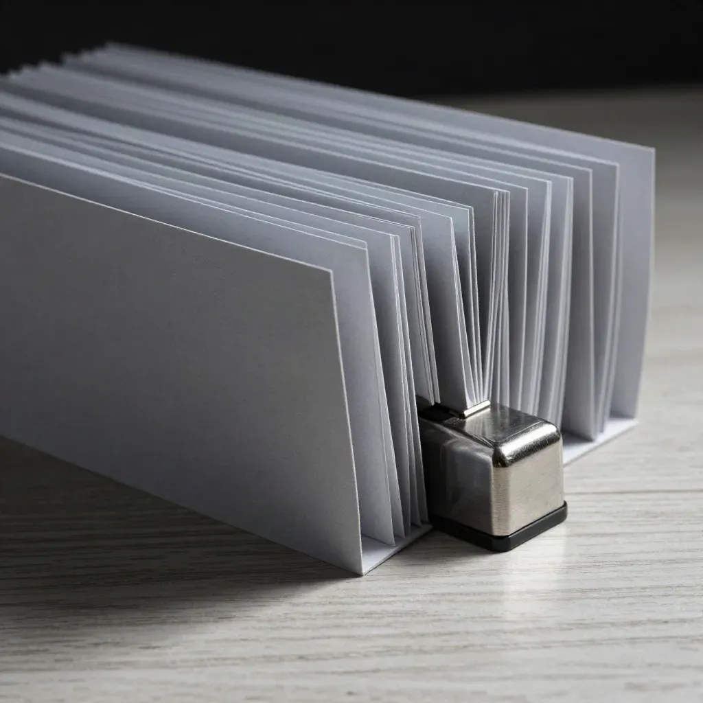Akordeonowy skoroszyt z szarymi zakładkami i ciężkim przyciskiem na jasnym drewnie.